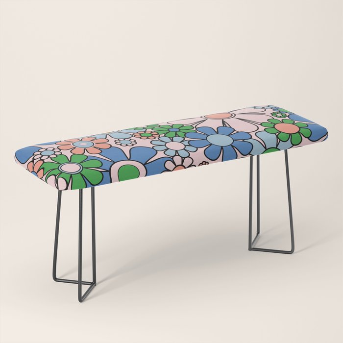 Retro Garden Flowers 60s 70s Blue Pink Green Floral Pattern Bench Gallery Image 1
