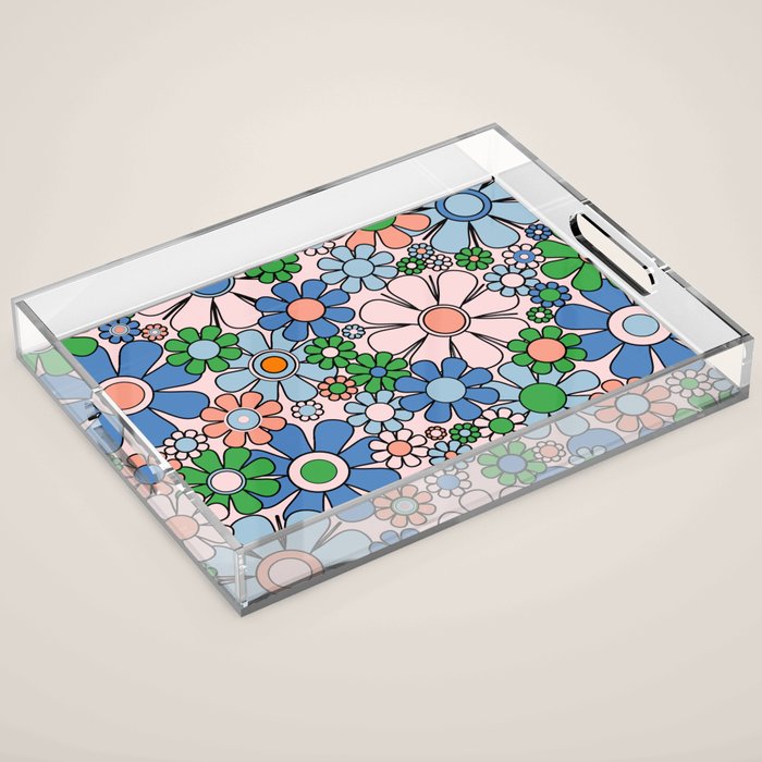 Retro Garden Flowers 60s 70s Blue Pink Green Floral Pattern Acrylic Tray Gallery Image 1