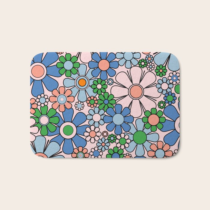 Retro Garden Flowers 60s 70s Blue Pink Green Floral Pattern Bath Mat Gallery Image 1