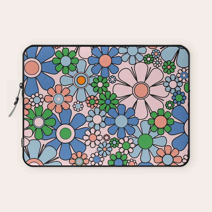 Retro Garden Flowers 60s 70s Blue Pink Green Floral Pattern Laptop Sleeve Gallery Image 1