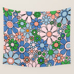 Retro Garden Flowers 60s 70s Blue Pink Green Floral Pattern Wall Tapestry Gallery Image 4