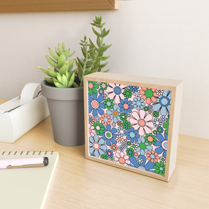 Retro Garden Flowers 60s 70s Blue Pink Green Floral Pattern Mini Art Print Gallery Image 2