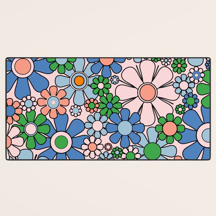 Retro Garden Flowers 60s 70s Blue Pink Green Floral Pattern Desk Mat Gallery Image 3