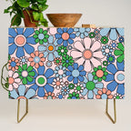 Retro Garden Flowers 60s 70s Blue Pink Green Floral Pattern Credenza Gallery Image 1