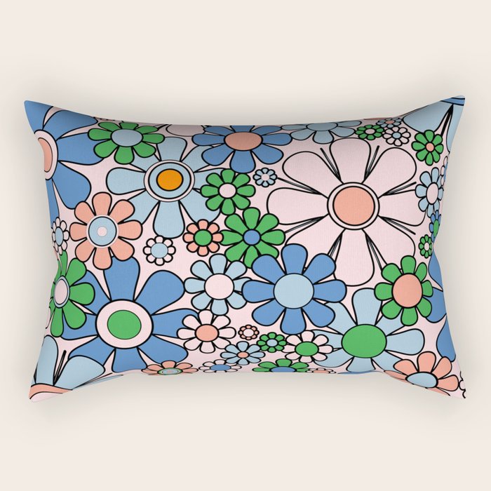 Retro Garden Flowers 60s 70s Blue Pink Green Floral Pattern Rectangular Pillow Gallery Image 2