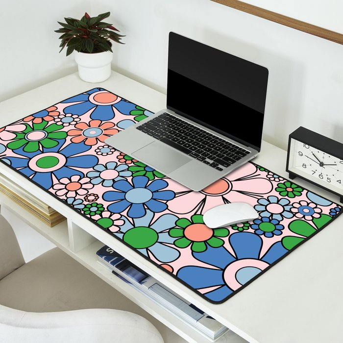 Retro Garden Flowers 60s 70s Blue Pink Green Floral Pattern Desk Mat Gallery Image 2