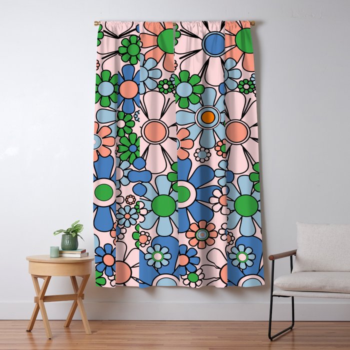 Retro Garden Flowers 60s 70s Blue Pink Green Floral Pattern Window Curtain Gallery Image 1