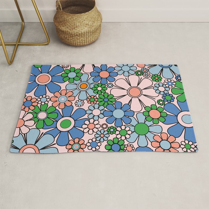 Retro Garden Flowers 60s 70s Blue Pink Green Floral Pattern Rug Gallery Image 1