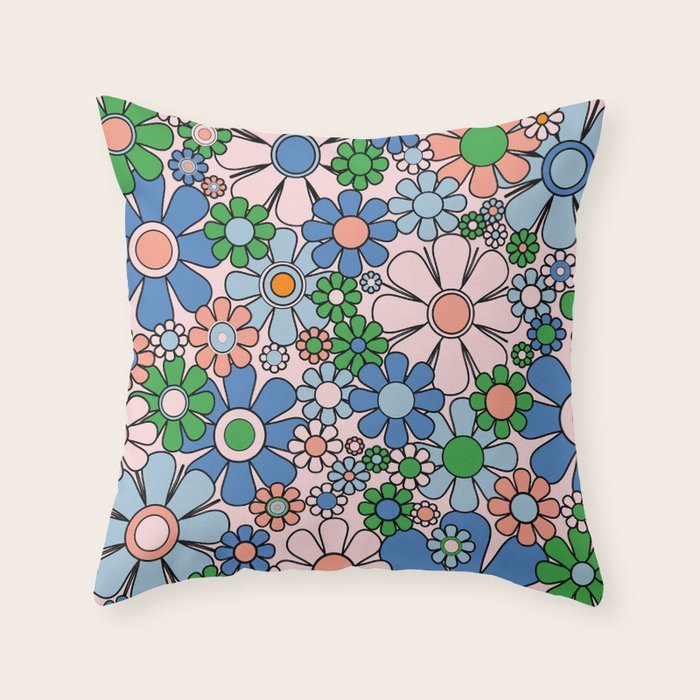 Retro Garden Flowers 60s 70s Blue Pink Green Floral Pattern Throw Pillow Gallery Image 6