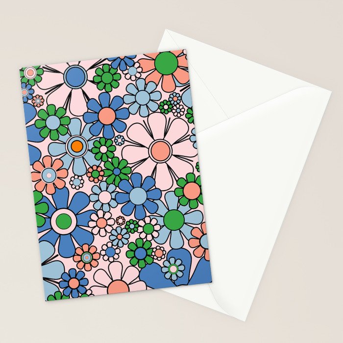 Retro Garden Flowers 60s 70s Blue Pink Green Floral Pattern Stationery Card Gallery Image 2