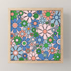 Retro Garden Flowers 60s 70s Blue Pink Green Floral Pattern Mini Art Print Gallery Image 1