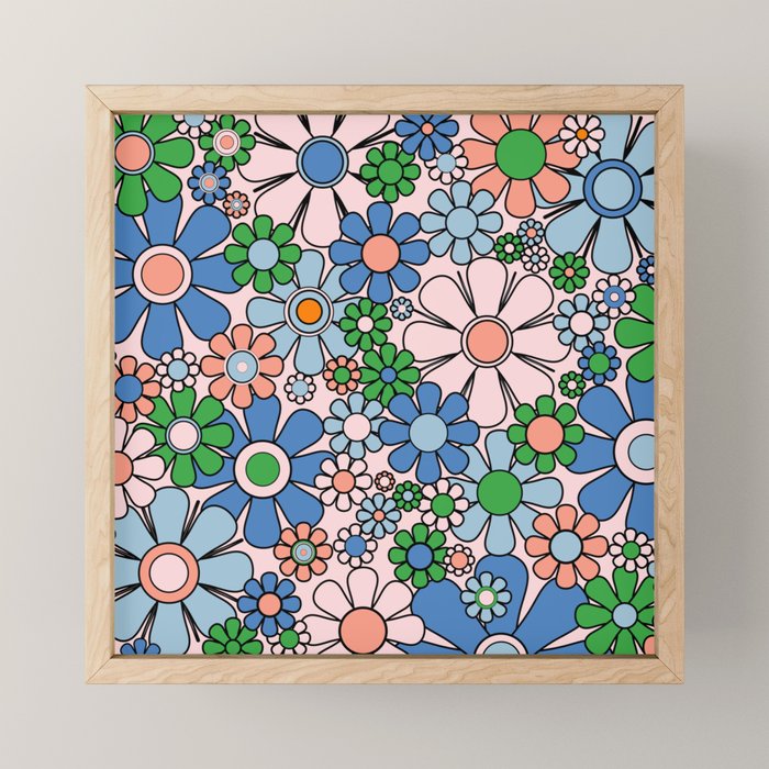 Retro Garden Flowers 60s 70s Blue Pink Green Floral Pattern Mini Art Print Gallery Image 1