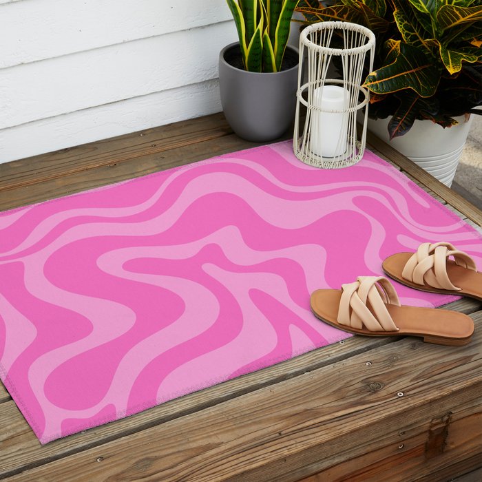Retro Liquid Swirl Abstract Pattern in Double Y2K Pink Outdoor Rug Gallery Image 2