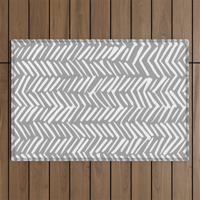 Abstract Herringbone Pattern, Rustic, Gray and White Outdoor Rug Gallery Image 1