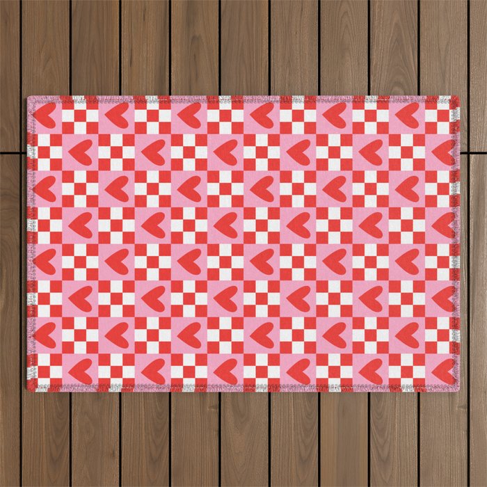 Red love heart checkered pattern Outdoor Rug Gallery Image 1