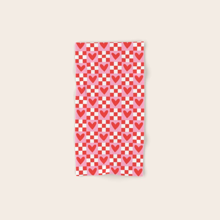 Red love heart checkered pattern Bath Towel Gallery Image 1