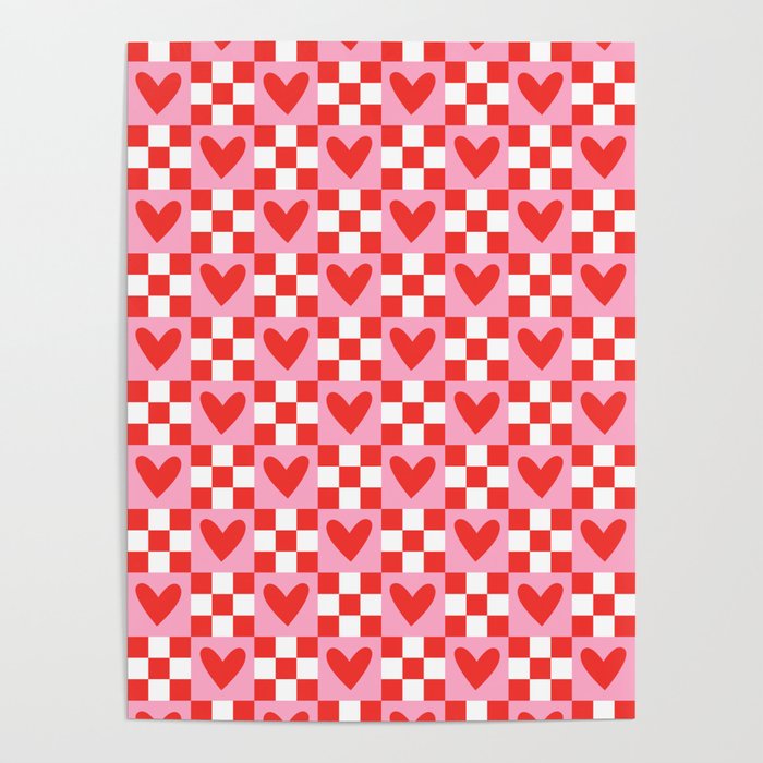 Red love heart checkered pattern Poster Gallery Image 4