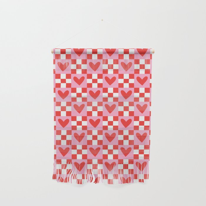 Red love heart checkered pattern Wall Hanging Gallery Image 1