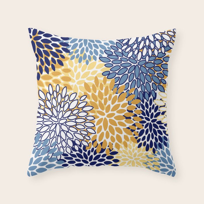 Floral Blooms, Yellow and Blue Flowers Throw Pillow Gallery Image 1