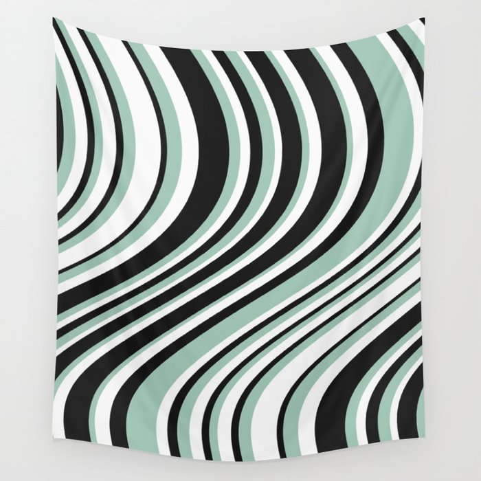 Wavy Stripes XII - Mint, Black and White Wall Tapestry Gallery Image 1