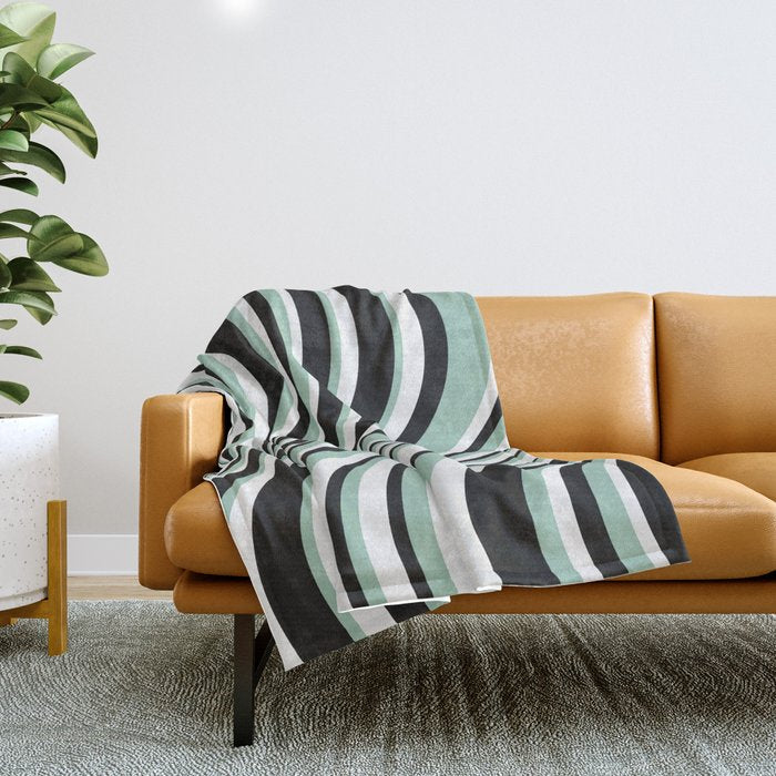Wavy Stripes XII - Mint, Black and White Throw Blanket Gallery Image 1
