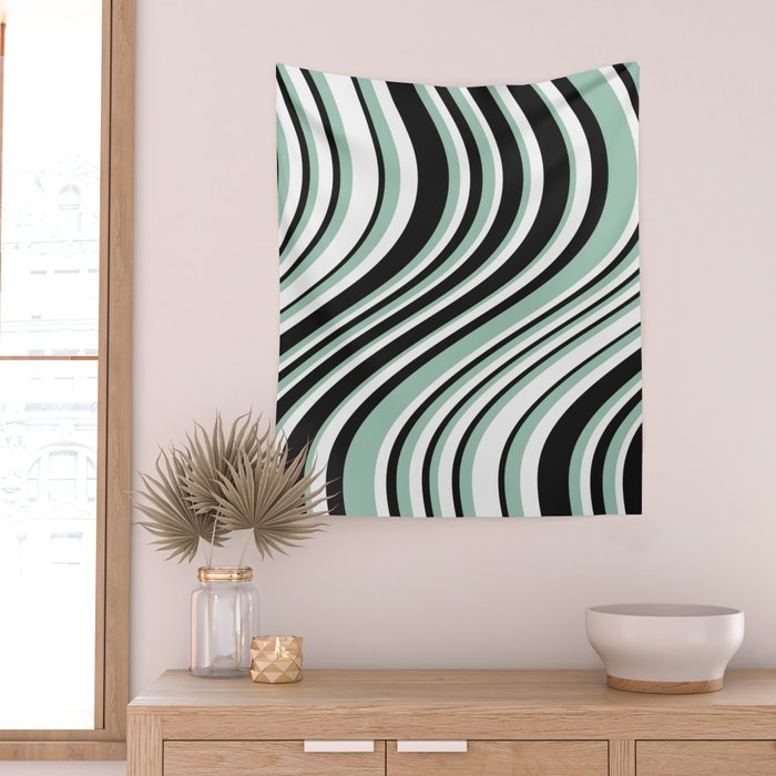 Wavy Stripes XII - Mint, Black and White Wall Tapestry Gallery Image 2