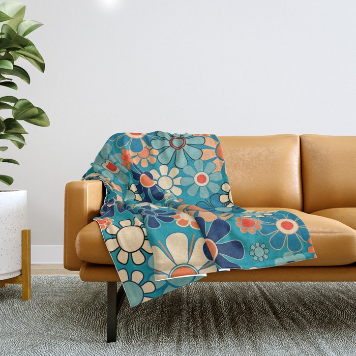 Groovy Retro Garden Flowers 60s 70s Floral Pattern in Blue and Orange Throw Blanket Gallery Image 1