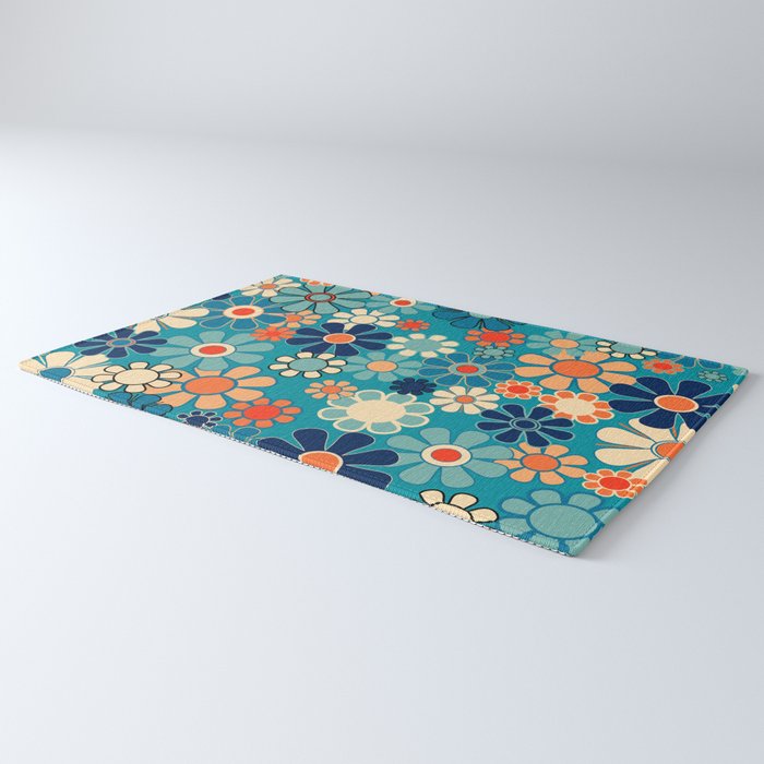 Groovy Retro Garden Flowers 60s 70s Floral Pattern in Blue and Orange Rug Gallery Image 3