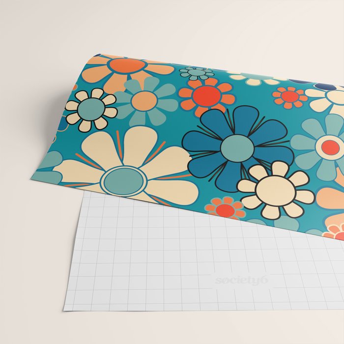 Groovy Retro Garden Flowers 60s 70s Floral Pattern in Blue and Orange Wrapping Paper Gallery Image 2