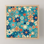 Groovy Retro Garden Flowers 60s 70s Floral Pattern in Blue and Orange Mini Art Print Gallery Image 1