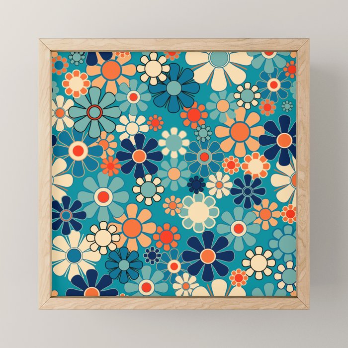 Groovy Retro Garden Flowers 60s 70s Floral Pattern in Blue and Orange Mini Art Print Gallery Image 1
