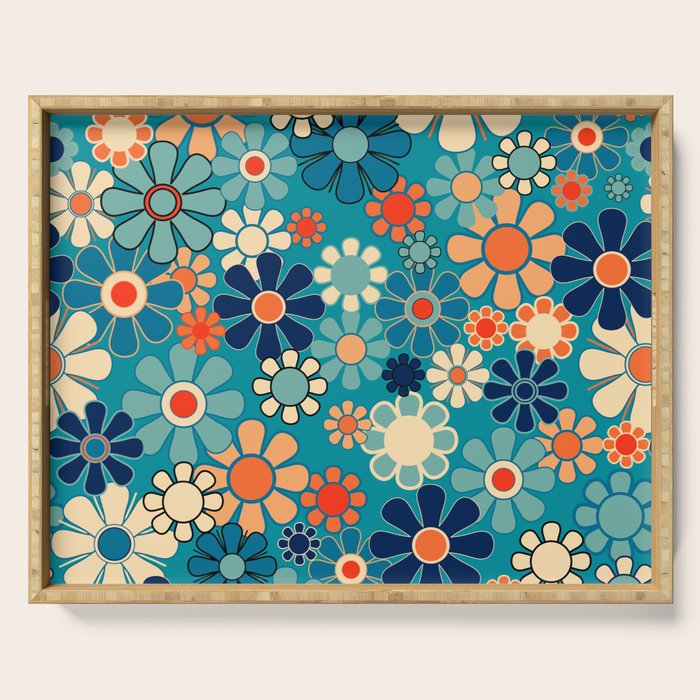 Groovy Retro Garden Flowers 60s 70s Floral Pattern in Blue and Orange Serving Tray Gallery Image 1