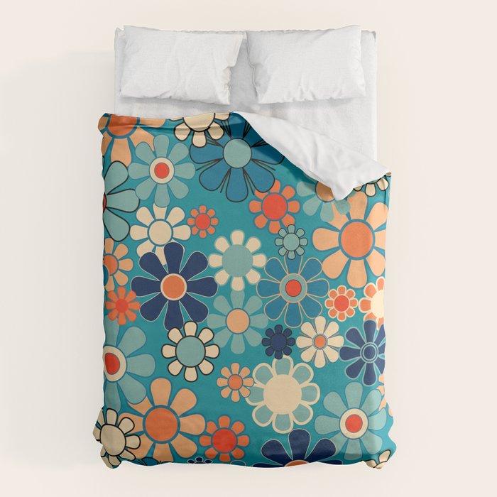 Groovy Retro Garden Flowers 60s 70s Floral Pattern in Blue and Orange Duvet Cover Gallery Image 1