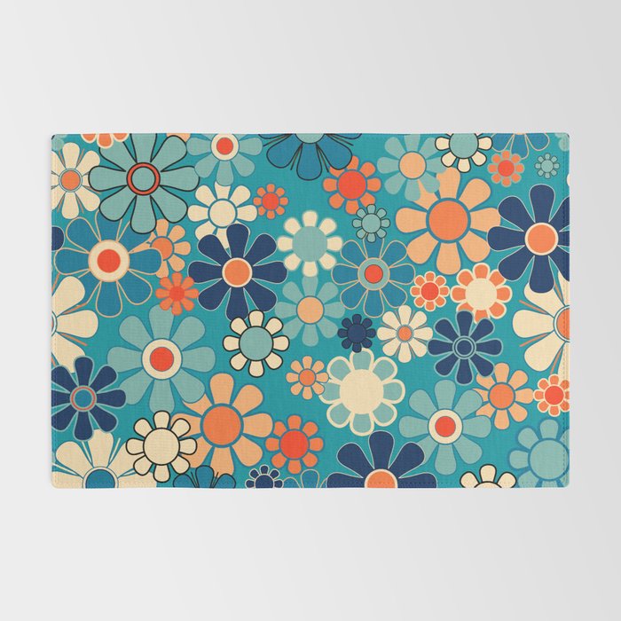 Groovy Retro Garden Flowers 60s 70s Floral Pattern in Blue and Orange Rug Gallery Image 2