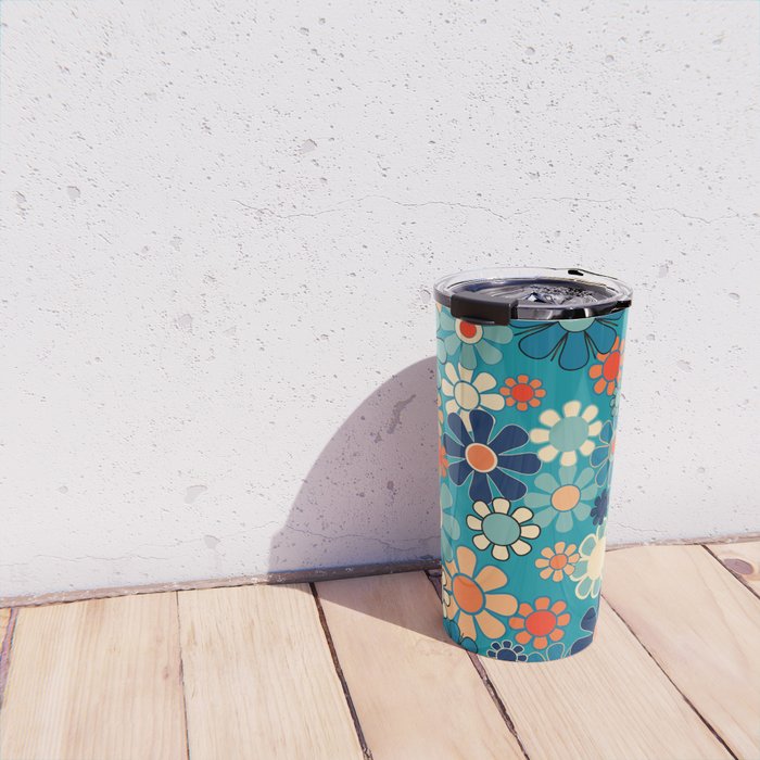 Groovy Retro Garden Flowers 60s 70s Floral Pattern in Blue and Orange Travel Mug Gallery Image 4