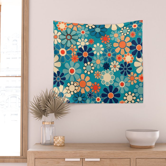 Groovy Retro Garden Flowers 60s 70s Floral Pattern in Blue and Orange Wall Tapestry Gallery Image 2