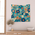 Groovy Retro Garden Flowers 60s 70s Floral Pattern in Blue and Orange Wall Tapestry Gallery Image 2
