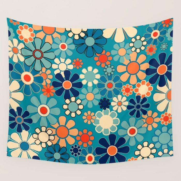 Groovy Retro Garden Flowers 60s 70s Floral Pattern in Blue and Orange Wall Tapestry Gallery Image 4