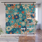 Groovy Retro Garden Flowers 60s 70s Floral Pattern in Blue and Orange Wall Mural Gallery Image 1
