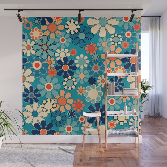 Groovy Retro Garden Flowers 60s 70s Floral Pattern in Blue and Orange Wall Mural Gallery Image 1