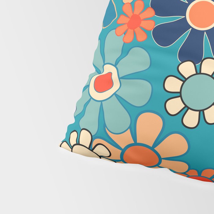 Groovy Retro Garden Flowers 60s 70s Floral Pattern in Blue and Orange Pillow Sham Gallery Image 4