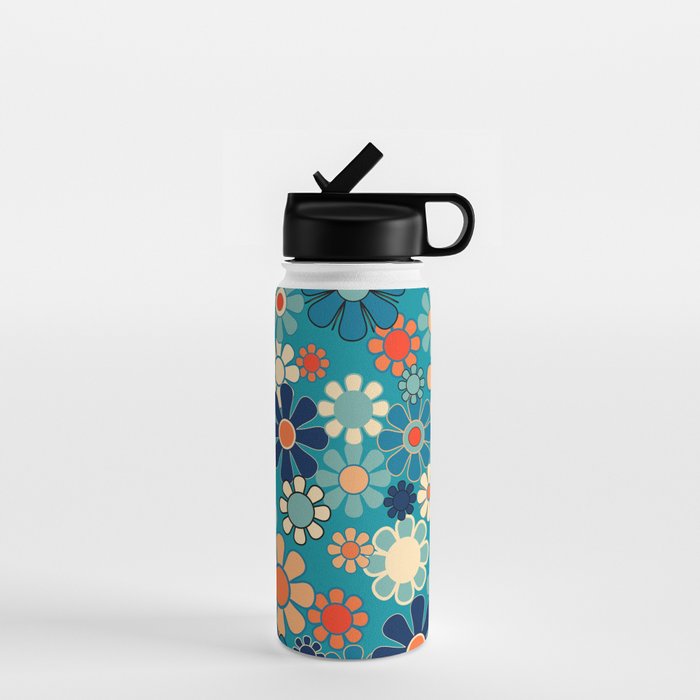 Groovy Retro Garden Flowers 60s 70s Floral Pattern in Blue and Orange Water Bottle Gallery Image 1