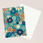 Groovy Retro Garden Flowers 60s 70s Floral Pattern in Blue and Orange Stationery Card Gallery Image 2