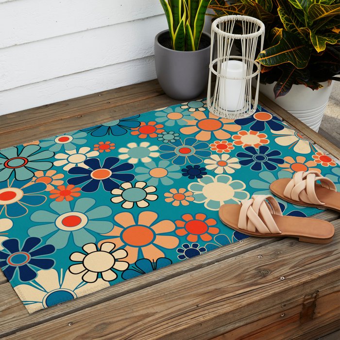 Groovy Retro Garden Flowers 60s 70s Floral Pattern in Blue and Orange Outdoor Rug Gallery Image 2