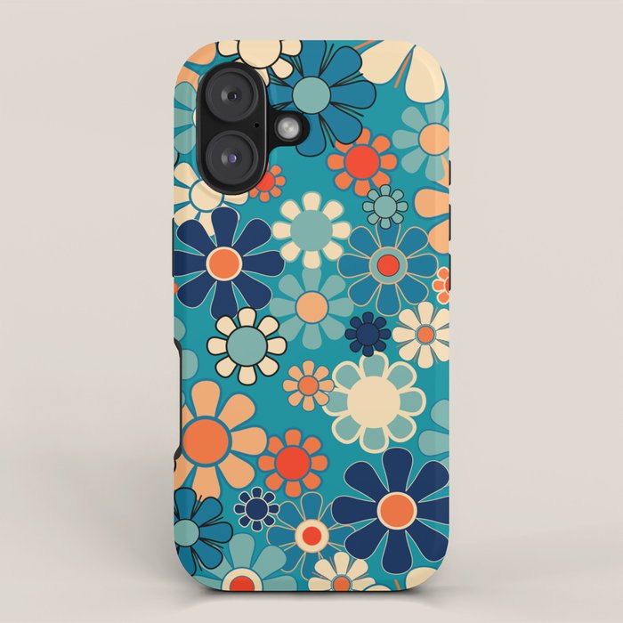 Groovy Retro Garden Flowers 60s 70s Floral Pattern in Blue and Orange iPhone Case Gallery Image 1