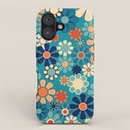 Groovy Retro Garden Flowers 60s 70s Floral Pattern in Blue and Orange iPhone Case Gallery Image 1