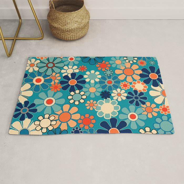 Groovy Retro Garden Flowers 60s 70s Floral Pattern in Blue and Orange Rug Gallery Image 1