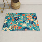 Groovy Retro Garden Flowers 60s 70s Floral Pattern in Blue and Orange Rug Gallery Image 1