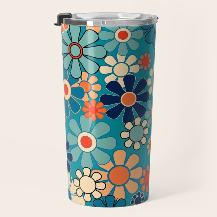 Groovy Retro Garden Flowers 60s 70s Floral Pattern in Blue and Orange Travel Mug Gallery Image 3