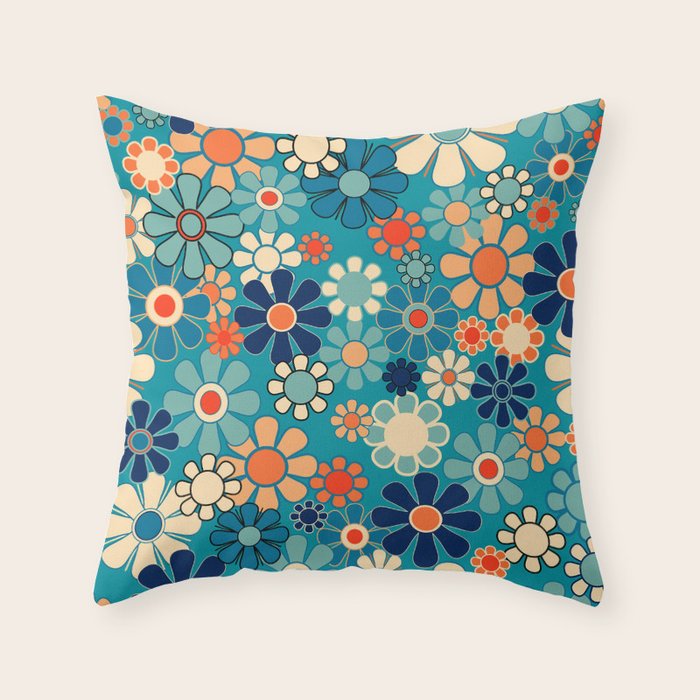 Groovy Retro Garden Flowers 60s 70s Floral Pattern in Blue and Orange Throw Pillow Gallery Image 6
